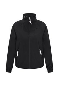 Juodas užtrauktuku užsegamas švarkas, pagamintas iš minkštos medžiagos, turintis aukštą apykaklę, elastines rankovių gumas ir dvi užtrauktuku uždaromas kišenes su baltomis raišteliais.