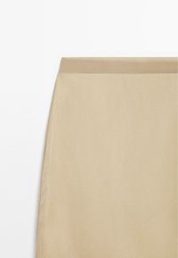 Beige pencil skirt with a smooth texture, single-layer fabric, and a straight silhouette. Features a clean waistband with no embellishments.