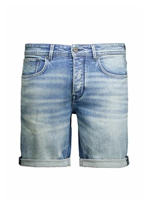 Lichtblauwe denim shorts met opgerolde boorden, een knoopsluiting aan de voorkant, ritssluiting en een ontwerp met vijf zakken.
