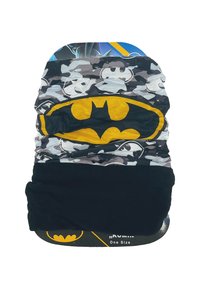 Accessoire multifonction en tissu sur le thème de Batman, avec un design camouflage en gris et noir, arborant un grand logo Batman jaune au centre.