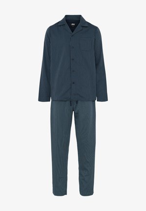 Pasiasty zestaw piżam w ciemnoniebieskim i szarym kolorze, z kołnierzykiem i guzikami na koszuli oraz pasującymi spodniami, wykonany z miękkiego materiału o luźnym kroju.