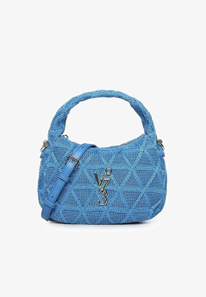 Blauwe handtas met een getextureerd, doorgestikt ruitpatroon, gebogen bovenhandvat, verstelbare band en zilveren V73-logo aan de voorkant.