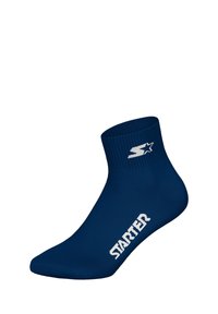 Granatowa skarpeta do kostki wykonana z elastycznej tkaniny, z prążkowanym mankietem, białym logo "STARTER" oraz gwiazdą z boku.
