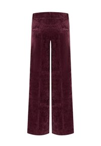 Bordeaux corduroy broek met wijde pijpen, voorzien van een textuurstof, twee achterzakken en een hoge tailleband.