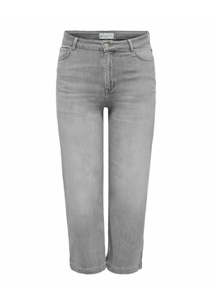 Jeans en denim gris taille mi-haute, coupe droite, avec fermeture avant par bouton et zip, passants pour ceinture et poches avant.