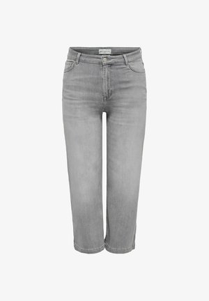 Graue Denim-Jeans mit mittlerer Bundhöhe, geradem Bein, Vorderknopf- und Reißverschluss, Gürtelschlaufen und Vordertaschen.