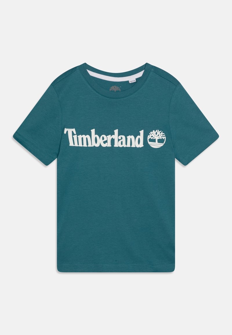 Bawełniany t-shirt w kolorze morskim, z krótkimi rękawami i okrągłym dekoltem, z białym logo "Timberland" oraz emblemą drzewa na przodzie.