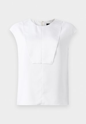 White short-sleeve blouse with a round neckline and a rectangular front panel detail, displayed on a plain background.