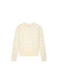 Cremfarbener Pullover mit rundem Halsausschnitt, langen Ärmeln und strukturiertem Strick. Verzierte mit verstreuten schwarzen Punkten für visuelle Akzente.