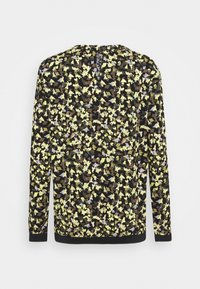 Svart sweatshirt med långa ärmar och ett färgglatt blommönster i gult, grönt, brunt och blått. Har ribbad fåll och ärmslut.