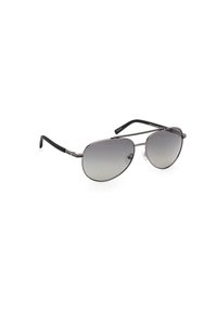 Gafas de sol tipo aviador con un marco de metal plateado y lentes con gradiente gris. Puntas de acetato negro en las patillas y almohadillas para la nariz para mayor comodidad.