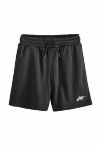 Shorts de sport noirs en tissu maillé respirant, dotés d'une taille élastique avec cordon de serrage et d'un petit logo blanc sur l'ourlet.