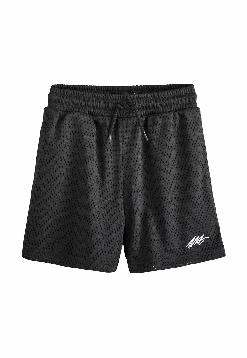 Shorts de sport noirs en tissu maillé respirant, dotés d'une taille élastique avec cordon de serrage et d'un petit logo blanc sur l'ourlet.
