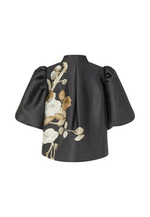 Svart satinblus med puffärmar, med en blommönstring i kräm- och jordtoner på ryggen. Skräddarsydd krage, avslappnad passform.