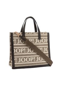 Prostokątny torba na ramię w kolorze taupe i beżowym z czarnymi uchwytami oraz brązowym odpinanym paskiem na ramię, z powtarzającym się wzorem tekstowym "JOOP!".