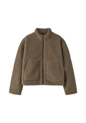 Veste en polaire marron avec fermeture éclair intégrale à l’avant, col montant, manches longues et deux grandes poches avant.