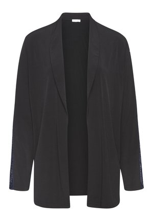 Schwarze, leichte Strickjacke mit einem Schalkragen, offener Vorderseite und Spitzenakzenten an den Ärmeln. Glatte Textur mit lockerer Passform.