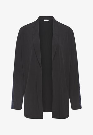 Cardigan leggero nero con colletto a scialle, apertura frontale e dettagli in pizzo sulle maniche. Texture liscia con una vestibilità morbida.