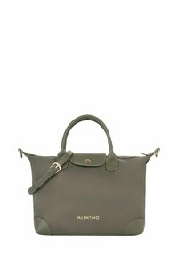 Sac en nylon vert avec double poignées, sangle amovible, accessoires dorés et logo, avec des coins arrondis et une texture lisse.