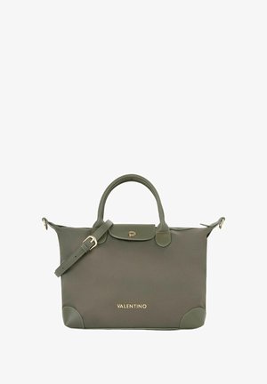 Sac en nylon vert avec double poignées, sangle amovible, accessoires dorés et logo, avec des coins arrondis et une texture lisse.