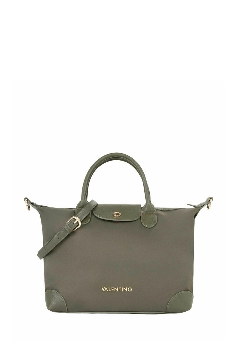 Sac en nylon vert avec double poignées, sangle amovible, accessoires dorés et logo, avec des coins arrondis et une texture lisse.