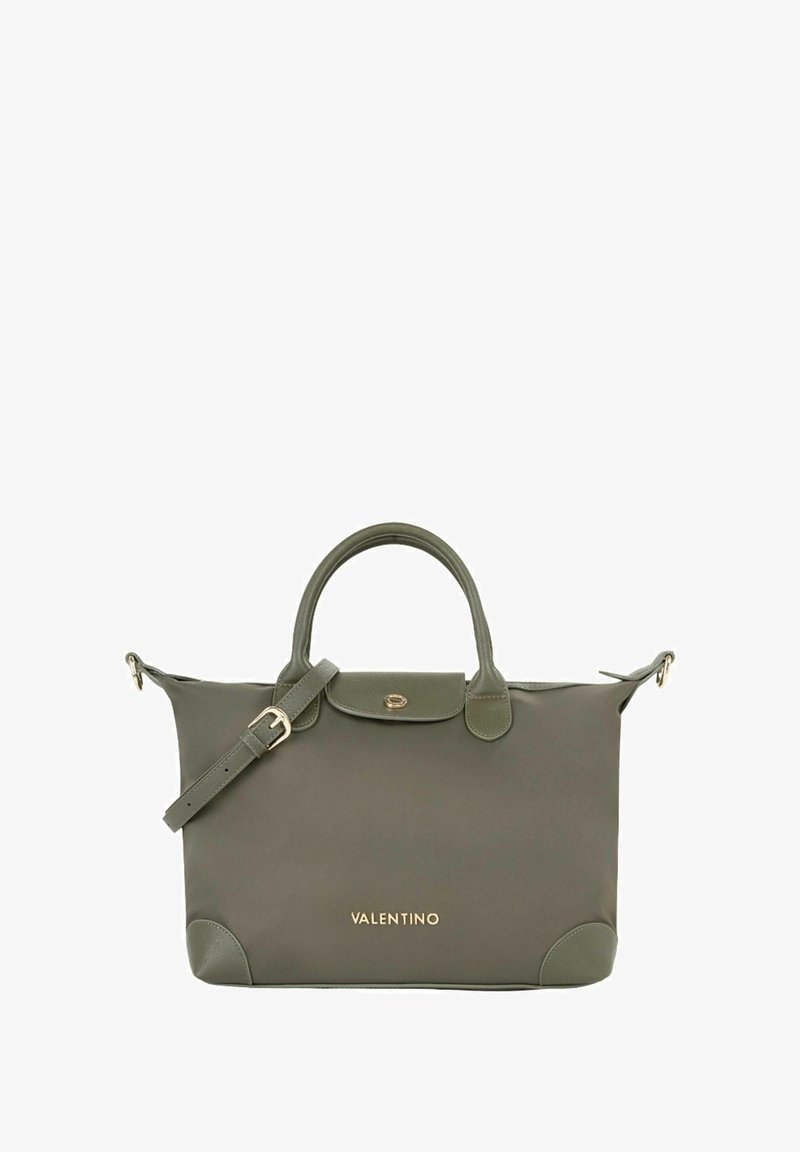 Sac en nylon vert avec double poignées, sangle amovible, accessoires dorés et logo, avec des coins arrondis et une texture lisse.