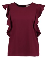 Bordeaux bluse med flæsedetaljer på ærmerne, rund hals og en glat tekstur. Designet med en afslappet pasform for komfort.