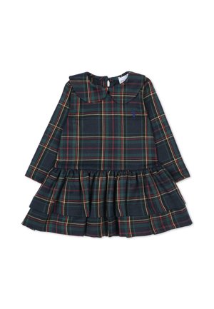 Geruite jurk met lange mouwen, een ronde kraag, een geplooide rok en tinten van marineblauw, groen, rood en geel, gemaakt van zachte stof.