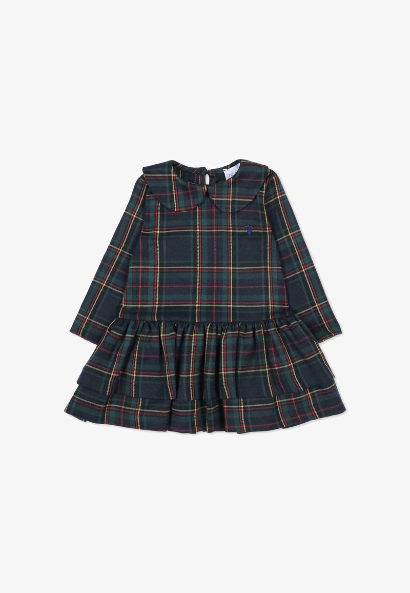 Robe à carreaux avec des manches longues, un col arrondi, une jupe froncée et des teintes de marine, vert, rouge et jaune, confectionnée en tissu doux.