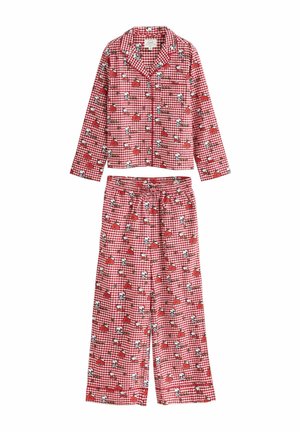 Conjunto de pijama de manga larga a cuadros rojos y blancos con estampado de Snoopy y fresas, con parte superior abotonada y pantalones con cordón.