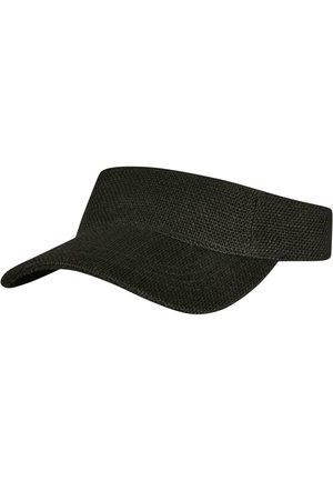 Visière noire en matériau texturé avec une large visière courbée et une bande plate. Design léger adapté aux activités de plein air.