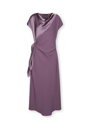 Vestito midi in tessuto satinato e opaco viola con maniche a cappuccio, scollo drappeggiato e dettaglio annodato laterale.
