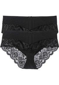 Culottes en dentelle noire avec des motifs floraux, une taille lisse et des bords festonnés. Comprend deux paires avec un détail en dentelle complexe.