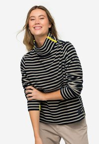 Pull à rayures marine et crème avec un col cheminée haut, présentant des accents jaunes et une coupe décontractée. Fabriqué en tissu texturé.