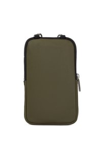 Una pochette in tessuto di un verde oliva, con una chiusura a zip, bordo nero e due manici superiori per il trasporto. Presenta una forma slanciata e rettangolare.