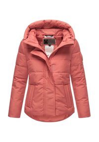 Veste rembourrée rose avec capuche, dotée d'une fermeture éclair à l'avant, de deux poches latérales et d'une taille élastique pour un style ajusté. Texture douce.