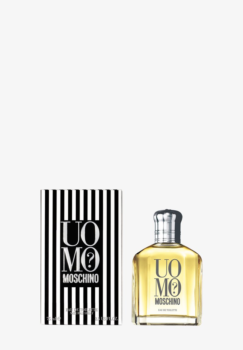 Flacon Uomo Moschino Eau de Toilette avec un capuchon argenté et une boîte rayée noir et blanc, 75 ml, 2,5 fl. oz US.