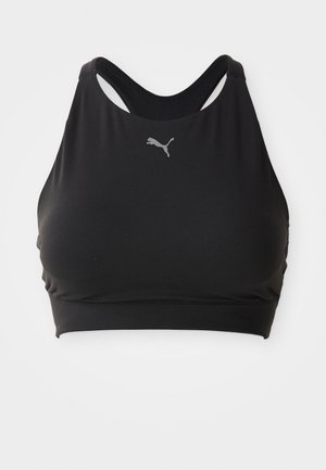 Crni sportski grudnjak s visokim izrezom i dizajnom s racerbackom. Sadrži mali sivi logo sprijeda i glatku, rastezljivu tkaninu.