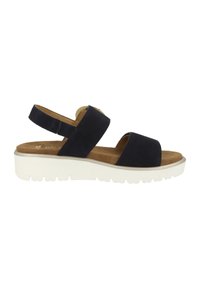 Sandali in suede blu navy con due ampie cinghie, una soletta imbottita e una robusta suola in gomma bianca caratterizzata da un motivo di presa testurizzato.
