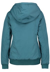 Veste à capuche teal avec des poignets et un ourlet élastiques. Tissu lisse avec une finition légèrement brillante. Comprend des poches latérales et une coupe décontractée.