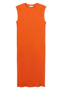 Robe sans manches orange à côtes avec une coupe droite, dotée d' fentes sur les côtés et d'un col rond, réalisée en tissu extensible.