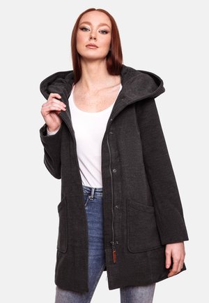 Charcoal gray coat with a hood, front pockets, and a zipper closure, made from a soft material with a smooth texture.