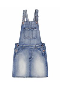 Vaaleansininen farkkuhaalari. Varustettu säädettävillä olkaimilla, etutaskulla ja metallinappikoristeilla. Hieman haalistunut pinta ja hame muotoilu.