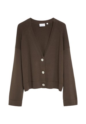 Brązowy krótki kardigan z długimi rękawami i trzema dużymi guzikami z przodu, oznaczony jako rozmiar średni.
