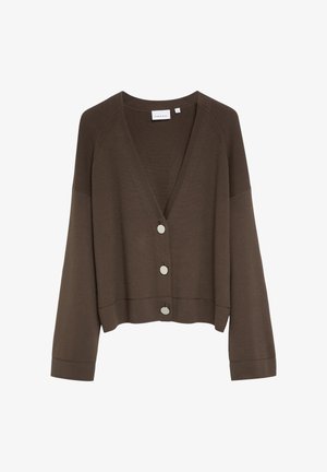 Brązowy krótki kardigan z długimi rękawami i trzema dużymi guzikami z przodu, oznaczony jako rozmiar średni.