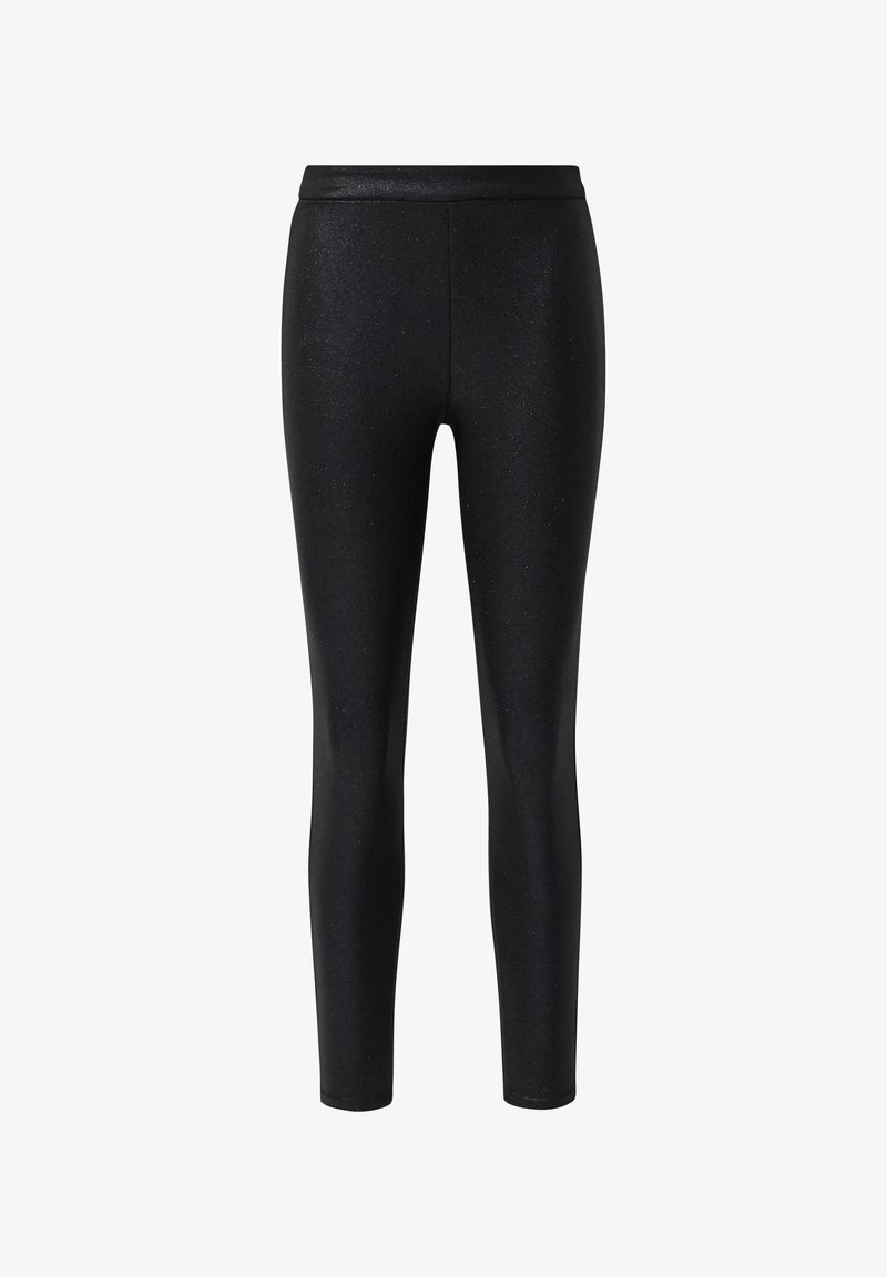 Čierne legíny s lesklým povrchom, vysokým pásom a úzkym strihom. Hladká textúra bez viditeľných vzorov alebo ozdôb.