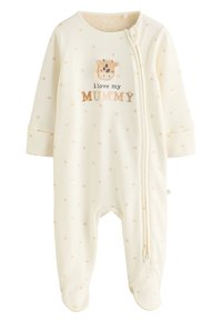 Kreemikas beebiriietus luku ja kaelkirjaku näoga, millel tekst "I love my MUMMY" ja väikesed virsiku tähekestega kaunistatud.