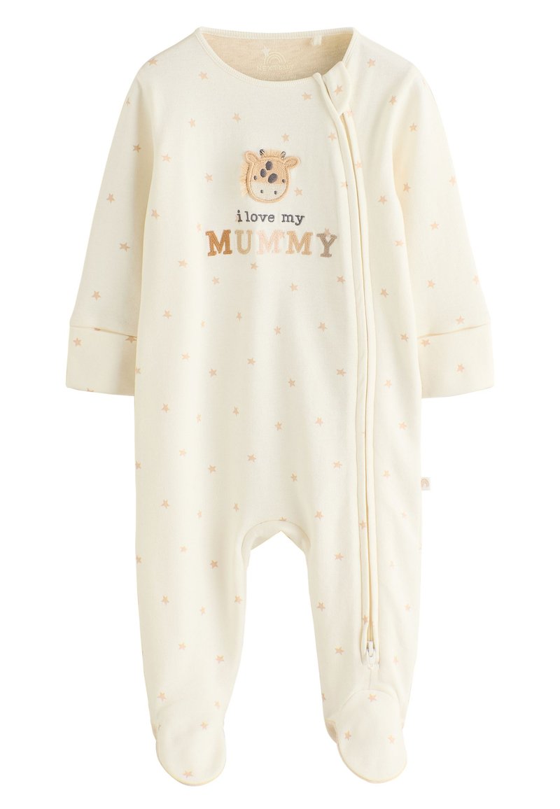 Kreemikas beebiriietus luku ja kaelkirjaku näoga, millel tekst "I love my MUMMY" ja väikesed virsiku tähekestega kaunistatud.