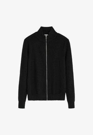 Sweatshirt noir zippé avec un col haut, fabriqué en tissu tricoté texturé. Possède de longues manches et une silhouette droite.