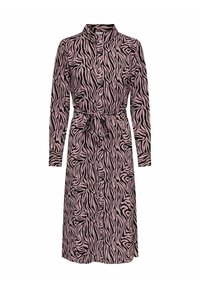 Abito camicia a maniche lunghe con colletto, caratterizzato da una stampa zebra rosa e nera, e una cintura da annodare in vita. Bottoni che scendono lungo la parte frontale.